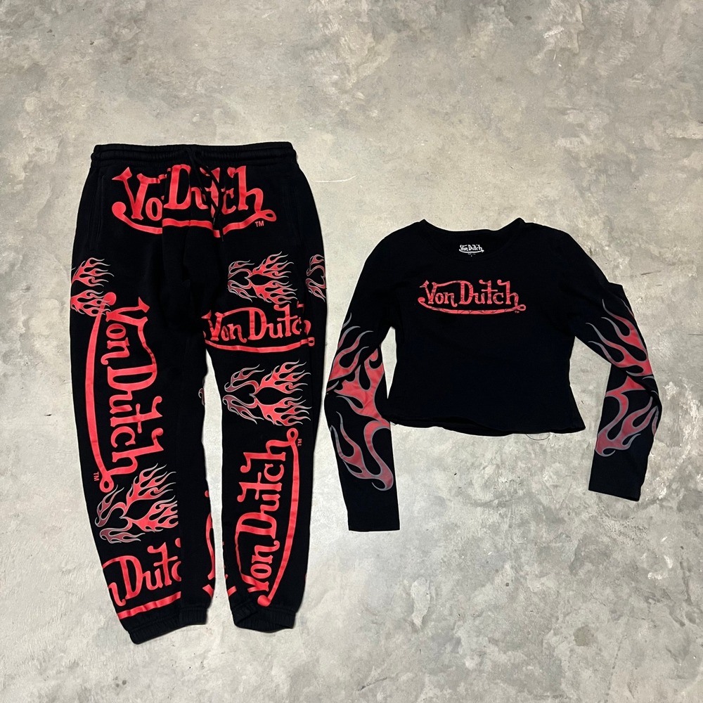 Von Dutch Womens 2 Piece Set Black Red Flame Crop Top Joggers L TVNO3A1275NV
